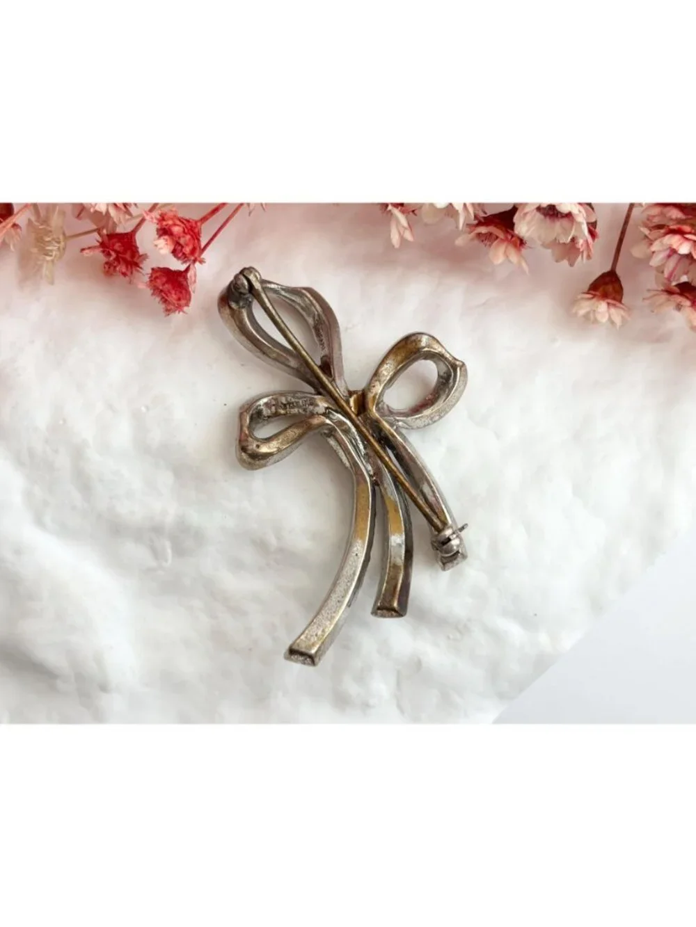 Ribboned Bow Rhinestone Accented Sterling Silver 925 Vintage Brooch | Lapel Pin